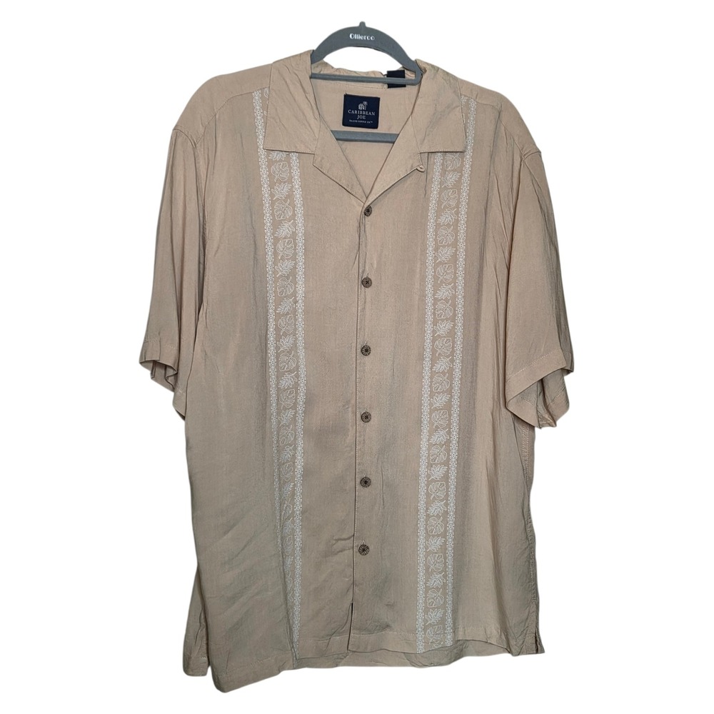 Caribbean‎ Joe Mens Large Tan Rayon Embroidered Tropical Camp Shirt Short Sleeve